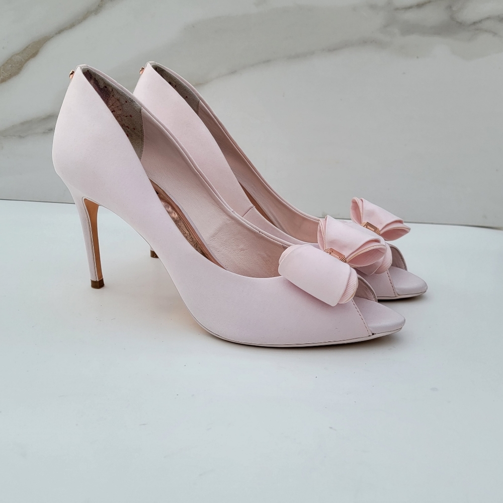 Ted Baker | Satin Peep Toe Pumps with Bow & Rose Gold Embellishment Size 40